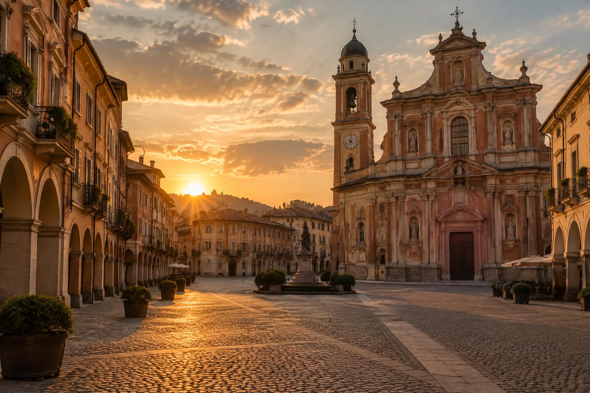 Veduta del centro storico di Bra con le colline del Roero sul fondo